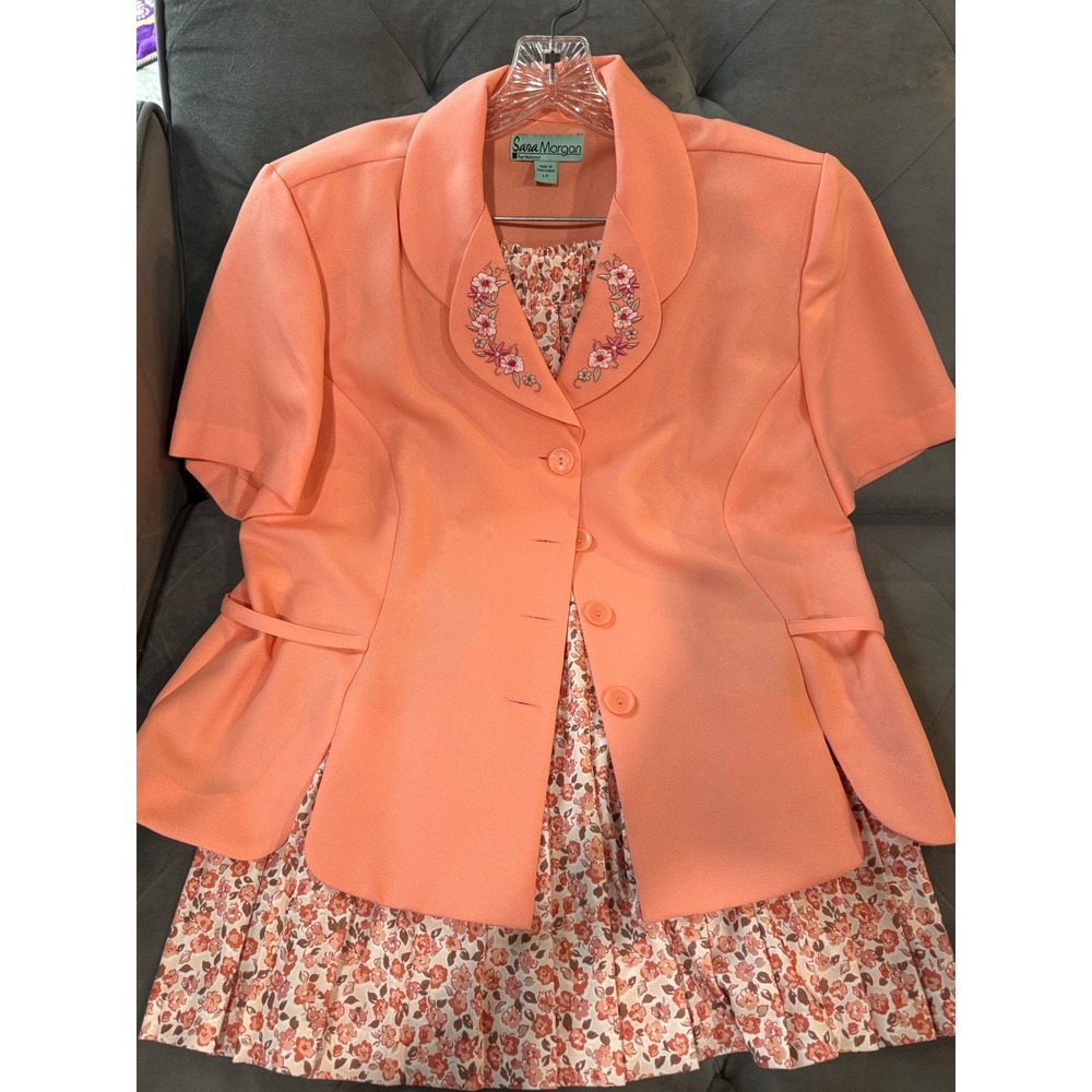Sara Morgan Haband Peach Floral Skirt Suit Set Short Sleeve Embroidered LP